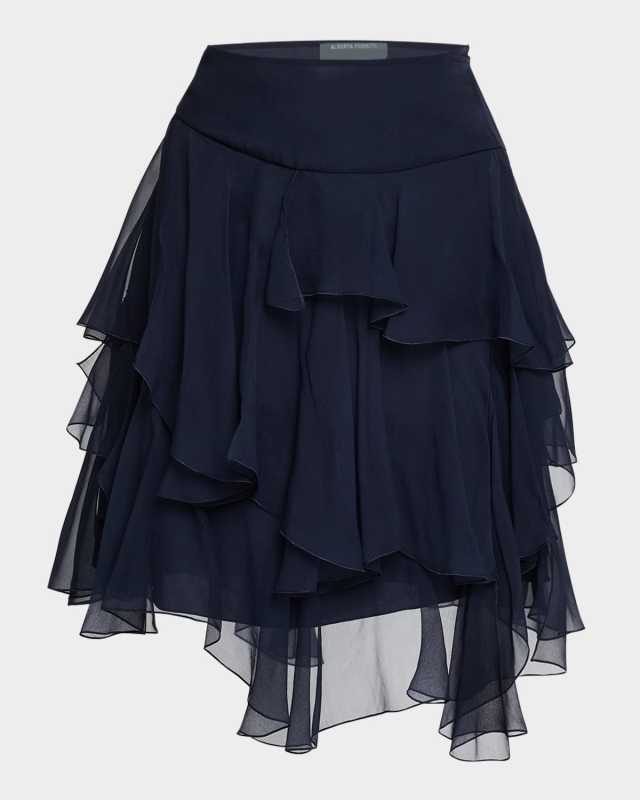 Asymmetric Tiered Silk Ruffle Mini Skirt